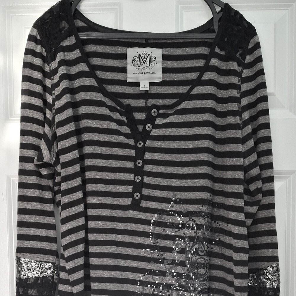 Maurices Long Sleeve Black & Gray Stripe Shirt XL
